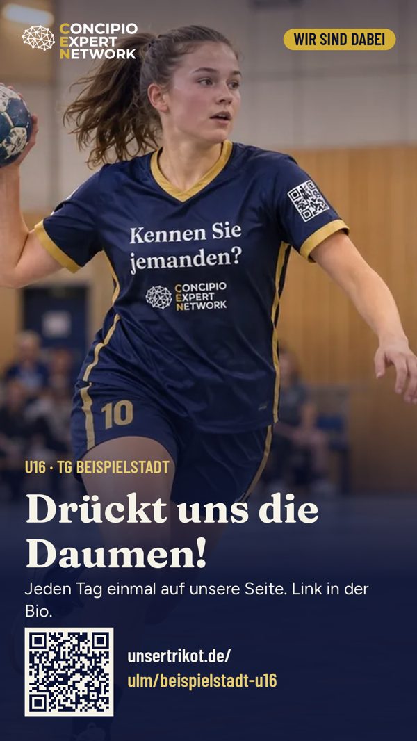 Beispiel einer Story-Vorlage mit Teamfoto, Aufruf Drückt uns die Daumen und Code zur Teamseite
